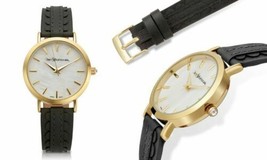 NEW Guye &amp; Barbezat 9891A Women&#39;s Aare MOP Dial Black Layered Leather Gold Watch - $28.66