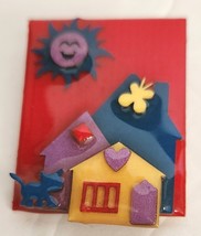 House Pins By Lucinda Brooch Pin Whimsical Summer Scene Blue Cat Red Sky Sun - £15.80 GBP