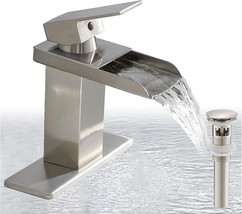 Waterfall Bathroom Sink Faucet, Brushed Nickel Bathroom Faucet, Single Hole - $48.99