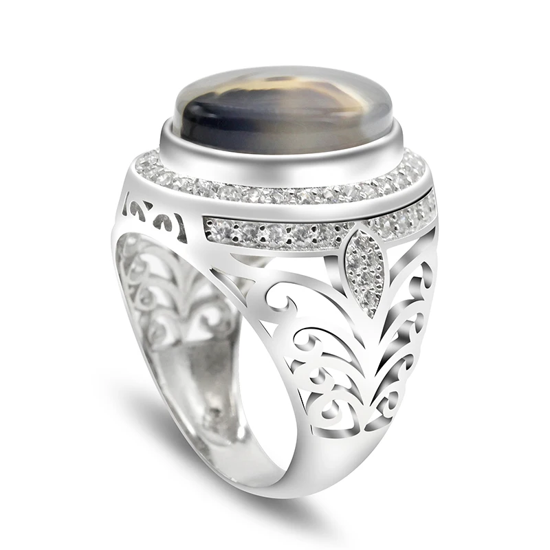 Oval Natural Agate Stone 925 Sterling Silver Men's Ring Hollow Design Fashion Po - £42.64 GBP
