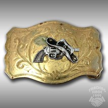 Vintage Belt Buckle Revolver Cowboy Hat Filigree Western Style Six Shooter - £31.62 GBP