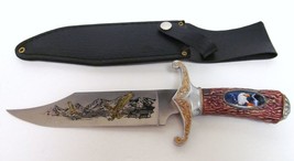 Eagle Bowie Knife W Stag Look Handle Stainless Etched Blade Sheath 11.5&quot; China - £62.92 GBP