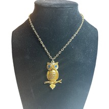 Gold Plated Owl Pendant Necklace with Blue Stone Eyes 24&quot; Chain - £8.85 GBP