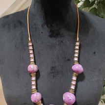 Vintage Chunky Necklace Heavy Purple Glazed Ceramic And Brass Beads - £31.97 GBP