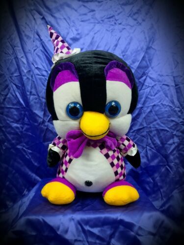 Primary image for 2015 Purple Party Penguin Jester Clown 19” Stuffed Animal Blue Eyes Harlequin