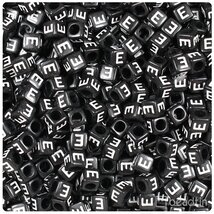 BeadTin Black Opaque 6mm Cube Plastic Alphabet Beads-White Letter E (80pc) - $2.09