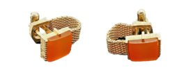 Vintage Swank Cufflinks Gold Tone Mesh Wrap Around with Orange Lucite Stone - $13.74