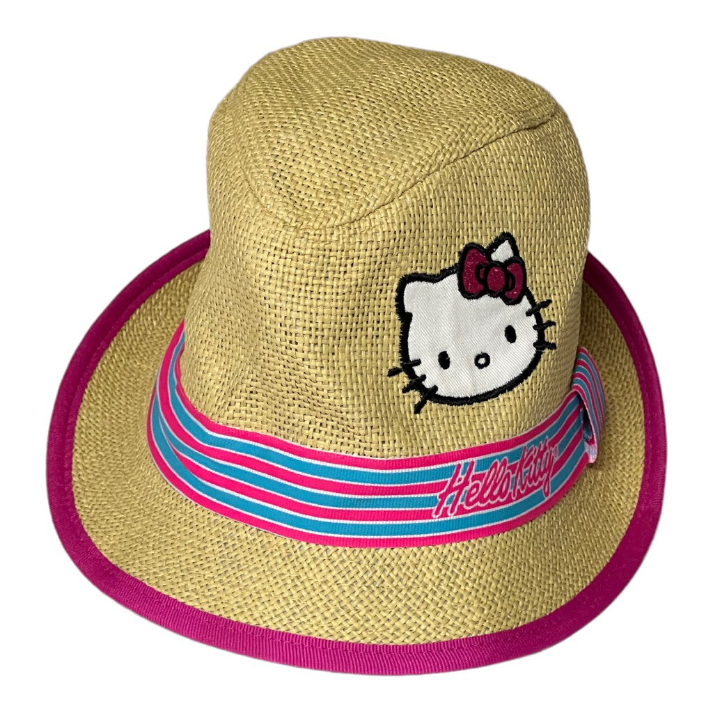 Hello Kitty By Sanrio Girls Fedora Hat Natural Beige Pink Woven Applique M/L - $18.99