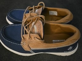 Woman’s Size 6, Sketchers Air Cooled Goga Mat Navy/Brown Deck Shoes On The Go - $65.36