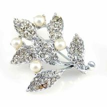 Vintage RETRO &quot;Goldette&quot; Rhodium Plated Leaf Pearl Brooch Signed Jewelry... - $25.69