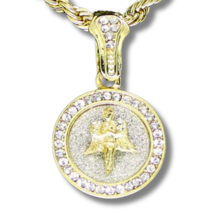 Small Round Angel CZ Pendant 24&quot; Rope Chain 14k Gold Plated Hip Hop Jewelry - £7.59 GBP