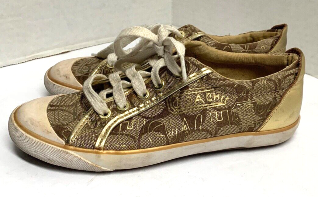 Coach Womens Sz 6 B Gold Tan Spellout Sneakers Shoes Barrett F0007/E10 Q... - $21.77