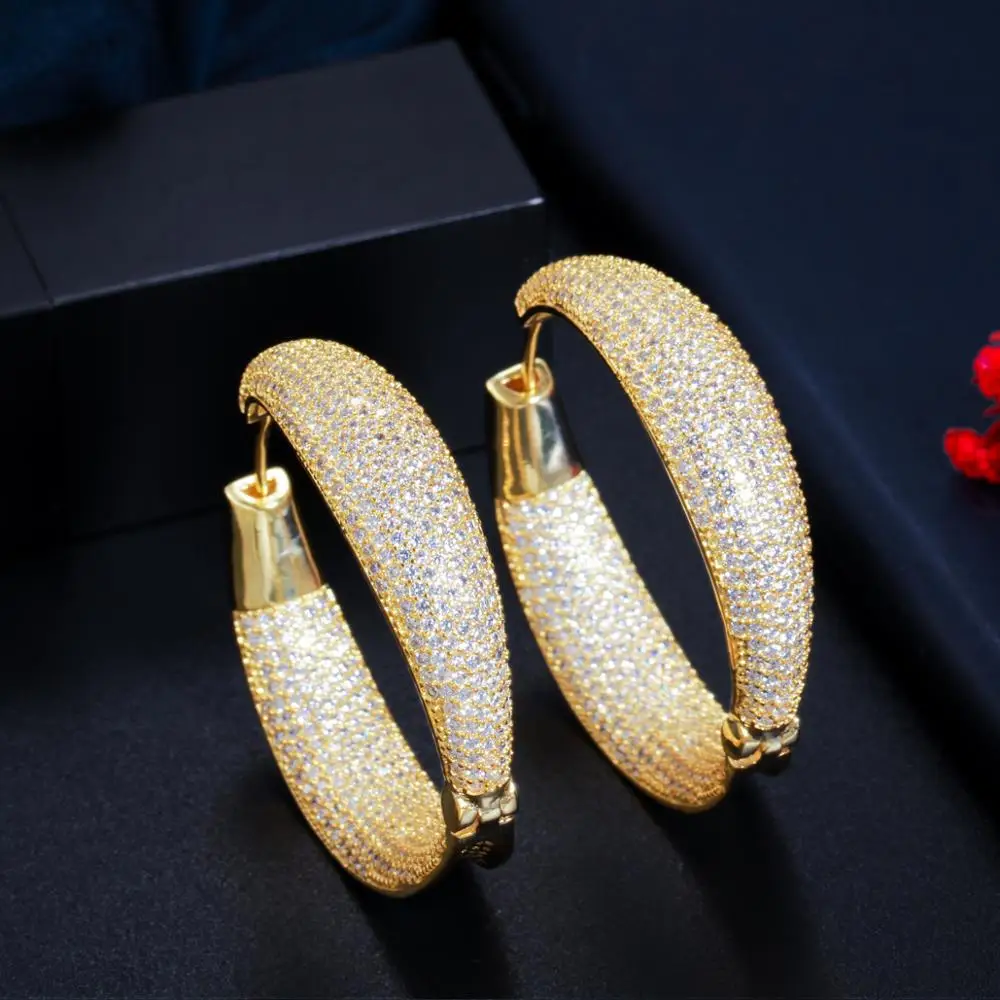 Super Luxury Micro Pave Cubic Zirconia Stone Round Big Gold Plated Hoop Earring  - $30.90