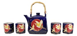 Golden Crane With Red Moon Blue Ceramic Hexagonal Teapot With 4 Tea Cups... - $41.95