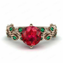 2Ct Round Cut Red Ruby and Emerald Rose Flower Wedding Ring 14k Rose Gold Finish - £75.67 GBP