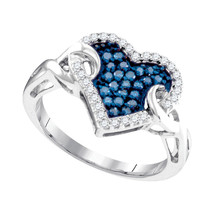 10k White Gold Womens Round Blue Color Enhanced Diamond Heart Cluster Knot Ring - £287.85 GBP