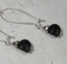 Howlite Skull Crystal Rhinestone Drop Pierced Earrings Handmade Black New - £7.77 GBP