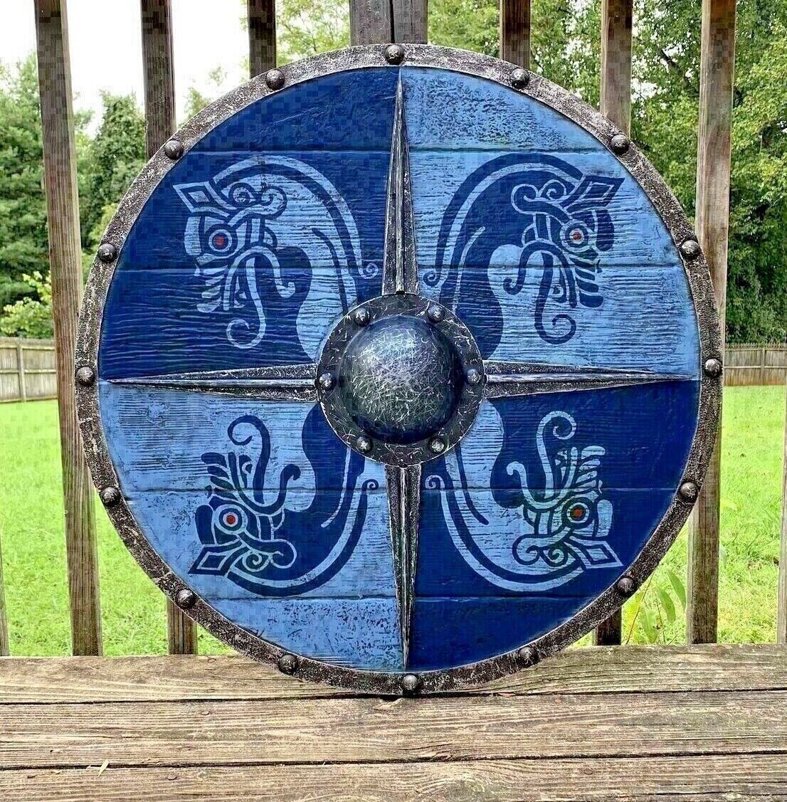 Primary image for Medieval Viking Round Shield Dragon Face Printed Wooden Warrior 24" Iron Shield
