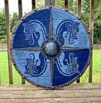 Medieval Viking Round Shield Dragon Face Printed Wooden Warrior 24&quot; Iron Shield - £78.90 GBP