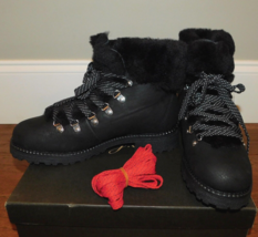 J.Crew Sz 9 Nordic Hiking Boots Black Leather Faux Fur Shoes (2 Laces) $... - £69.89 GBP
