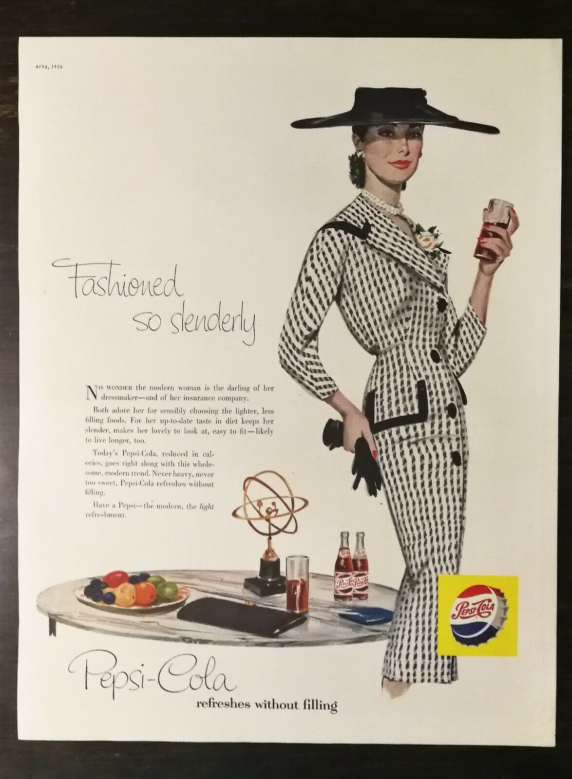 Vintage 1956 Fashioned Pepsi-Cola Art Deco Full Page Color Ad - $5.98