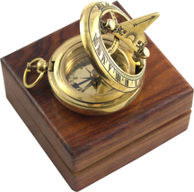 Marine Sundial Compass with Nautical Solid Wooden Box Vintage Brass Ship... - $27.25