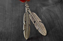 Etched Feather Drop Earrings in Silver Plated Copper, Boho Tribal Style - £12.78 GBP