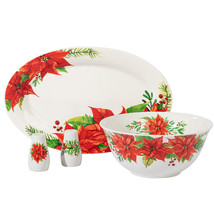 Gibson Home 4 Piece Ceramic Serving Set in White With Poinsettia Decorations - £47.45 GBP