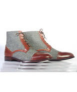 Men’s Handmade 2 Tone Leather Tweed Boots, Men Ankle High Lace Up Design... - £127.88 GBP+