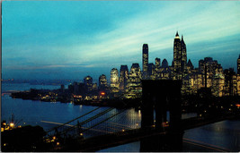 Nightfall In Lower Manhattan With Brooklyn Bridge New York City Vintage Postcard - £5.79 GBP