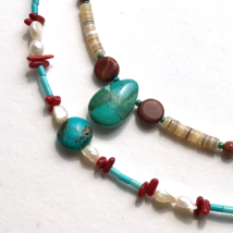 pair of necklaces turquoise seed beads freshwater pearl sunstone Bohemian Summer - £10.19 GBP