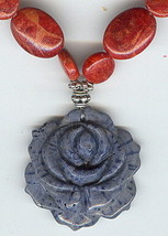 Red Sponge Coral Beads and Blue Coral Rose Pendant Necklace and Earrings Jewelry - £39.96 GBP