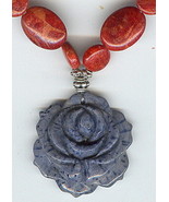 Red Sponge Coral Beads and Blue Coral Rose Pendant Necklace and Earrings... - $50.00