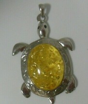Vintage Large Silver-tone &amp; Yellow Glass Turtle Pendant - £27.45 GBP