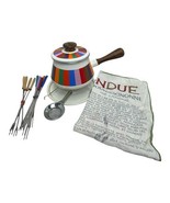 Vintage MCM Fondue Set Colorful Striped Enamel Wood Handle Retro Towel - $30.00
