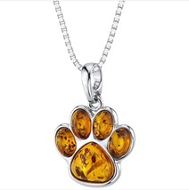 Sterling Silver Baltic Amber Dog Paw Print Pendant Necklace - £67.62 GBP