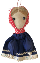 Antique Primitive Doll Hand Sewn Cloth Girl in Babushka Cord for Hanging 8&quot; - £49.25 GBP