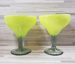 2-Mexican Hand Blown Lime Green Margarita Glasses - $22.50