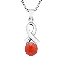 Awareness Ribbon w/ Synthetic Red Coral Inlay Sterling Silver Necklace - £11.60 GBP