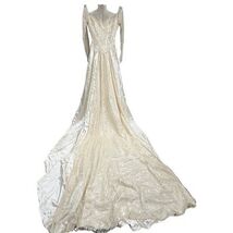VTG 40s Hess  Ivory Skinner Satin Wedding Gown Lace Illusion Yoke Train XS - $490.99