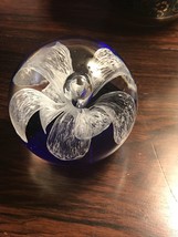 Clear Glass Paperweight w/ Cobalt Blue Bottom, White Flower Bubble in the Midd - £24.36 GBP