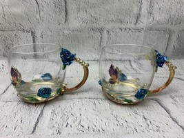 Glass Mug Set 2 Pack 11oz Lead Free Handmade Enamel Butterfly - £25.67 GBP