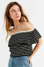 Urban Outfitters Off Shoulder Ruffle Sweater Top Cotton Black White Retr... - £15.12 GBP