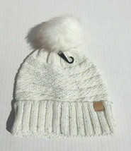Winter Warm Ivory Knit Stretch Beanie Hat With Silver Foiled Faux Fur Po... - £12.77 GBP