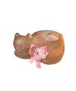 Vintage EMSON Pink Satin Glass Cat Candle Holder Figurine w Original Candle - $9.87