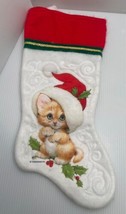 Vintage 1980s Santa Kitten Cat Christmas Stocking Felt Embossed Morehead Inc 14” - £7.87 GBP