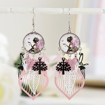 Chic Flower Fairy Long Earrings Fashion Cabochon Glass Jewelry Vintage Pink Earr - £16.81 GBP