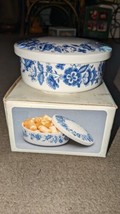 Vintage K Mart Ceramic Candy Cookie Box w/ Lid Original Box Retro Blue And White - £19.43 GBP