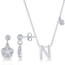 Sterling Silver Shiny &quot;N&quot; with Tiny CZ Flower Necklace and Earrings Set - £60.21 GBP