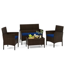 4 Piece Patio Rattan Conversation Set with Cozy Seat Cushions-Navy - $204.95